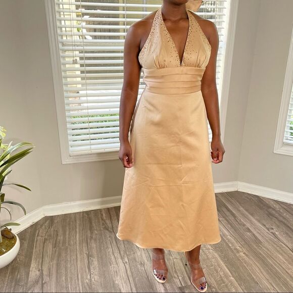 Windsor Gold Satin Embellished MIDI Halter Dress with Bow - Picture 3 of 13